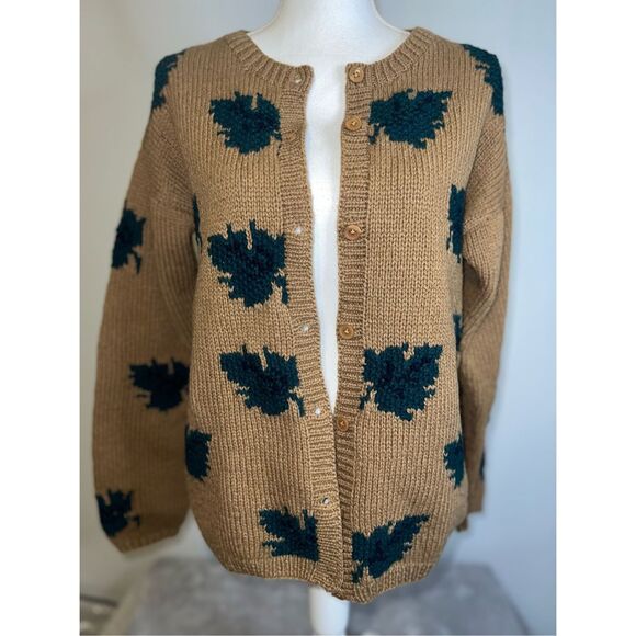Women’s SHETLAND WOOL Green Leaves Cardigan sz40 - Picture 1 of 8